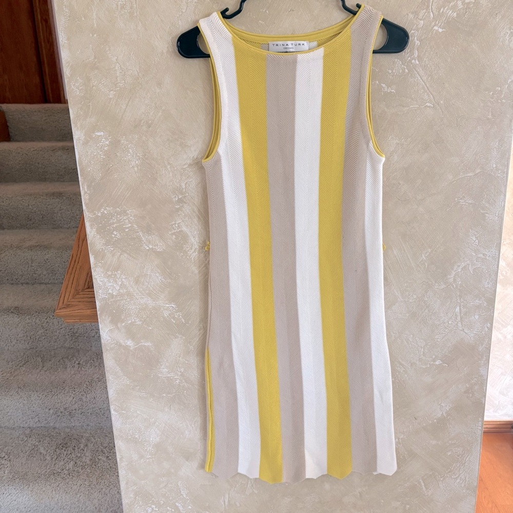 Trina Turk Yellow and Cream Striped Knit Midi Dress